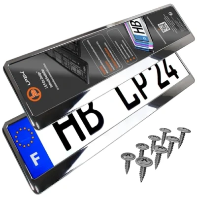 Image de Support Plaque Immatriculation Voiture [Simple, Durable et sur] Lot de 2 avec 8 Vis 520x110 mm Optique Chrome Auto Porte adapté pour Toute Fixation