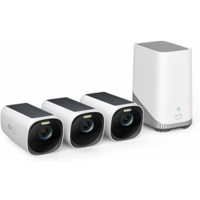 Image de eufy Security eufyCam S330(eufyCam 3), Surveillance WiFi Extérieure sans Fil, Résolution 4K, Panneau Solaire Intégré, Vision Nocturne Couleur, Pas de Frais Mensuels, Nécessite HomeBase 3, 2+1