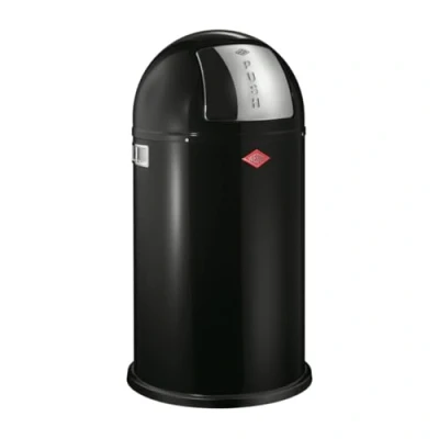 Image de WESCO Poubelle Pushboy de couleur noire, tôle d&#039;acier revêtue par pulvérisation, volume 50 litres, grand rabat en acier inoxydable, récipient intérieur amovible