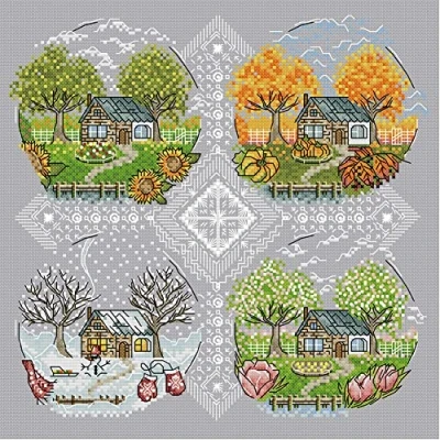 Image de Awesocrafts Kit de broderie au point croix, quatre saisons, motifs faciles à broder, compté (quatre compté)