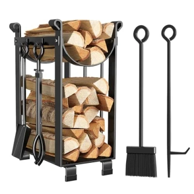 Image de Amagabeli Porte bûches Range de Cheminée avec 4 Outils 78x29x36cm Intérieur Extérieur Grande Capacité Ensemble d‘outils Support Bois Chauffage Noir