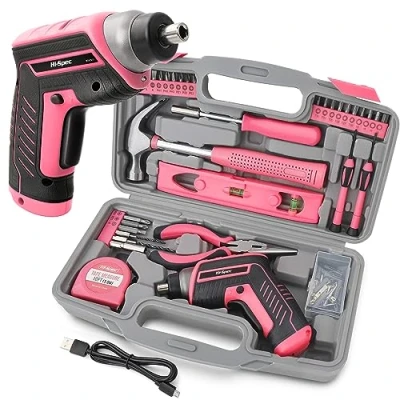 Image de Hi Spec Tournevis Électrique 3.6V Rose Perceuse Visseuse Devisseuse Sans Fil avec Ensemble d&#039;Outils Boite a Outils Complete Marteau, Pince, Forets, Jeu de et Embouts pour Bricolage