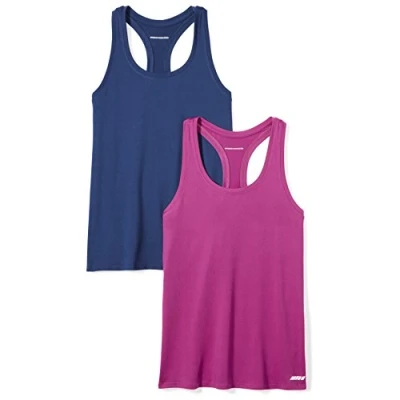 Image de Amazon Essentials Débardeur Tech Extensible À Dos Nageur (Disponible en Grande Taille) Femme, Lot de 2, Bleu Marine/Fuchsia, L