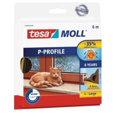 Image de tesa Joint d&#039;étanchéité en caoutchouc profil P Autocollant Pour fenêtre, porte, fenêtre Isolation contre le froid 9 x 5,5 cm 6 m Marron