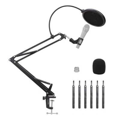 Image de Amazon Basics Bras de Microphone Réglable avec Filtre Anti Pop et Bonnette en Mousse, Pince Montage sur Table, Rotation à 360, Compatible Blue Yeti, Snowball, HyperX, 35.5 cm (14&quot;), Noir