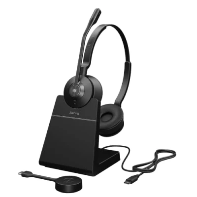 Image de Jabra Engage 55 Micro casque stéréo sans fil avec adaptateur DECT USB C Link 400, Microphone à réduction de bruit, Portée étendue et base chargement Certifié MS Teams Noir