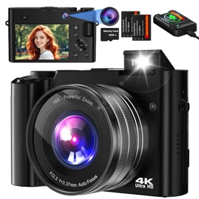 Image de Appareil Photo Numérique,64MP Autofocus Dual Camera Vlog with 32G Memory Card,4K Digital 16X Zoom for Beginners(Black)