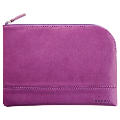 Image de RHODIA 116640C Pochette Zippée en Simili Cuir Violet Taille M (16 x 22 cm) Coutures Véritables Intérieur Tissu Orange Rangement Documents, Petites Fournitures