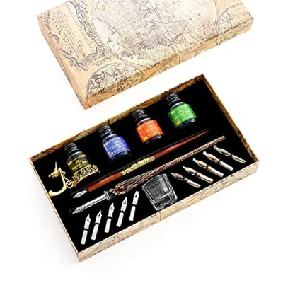 Image de Abcsea Ensemble de Stylos en Verre, Stylo Dip a Plume Calligraphie, Kit Calligraphie Plume, Verre 2 Rouge avec 4 Bouteilles D&#039;encre