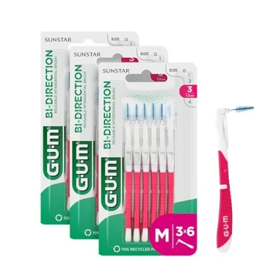 Image de Brossette Interdentaire GUM® BI DIRECTION/Tête Orientable en 2 positions (90 &amp; 180) / Elimine 25% de plaque plus 1.2 mm/Pack 3 x 6 unités, Rouge, Blanc