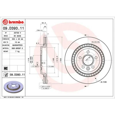Image de BREMBO 09.D393.11 Disque de frein 302 22 5 ventilé l&#039;intérieur revêtu à haute teneur en carbone VOLVO: XC70 II Break, S80 II, V60 I