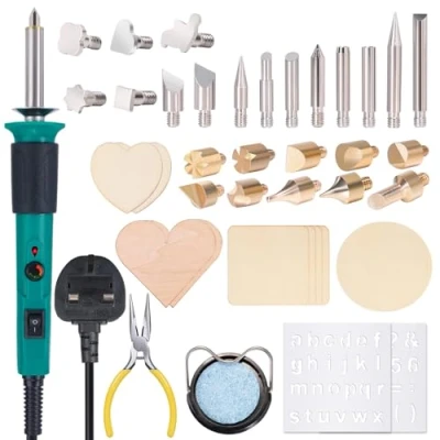 Image de YIHUA 930 IV Kit d&#039;outils de pyrogravure pour bois avec stylo à réglable la chaleur, 26 pointes pyrogravure, 2 pochoirs brûleur bois, ensemble dans un sac