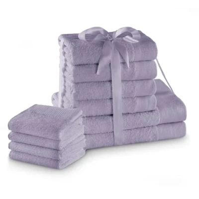 Image de AmeliaHome Lot de 4 Serviettes d&#039;invité Violettes 30 x 50 cm, 100 cm et 2 Bain 70 140 100% Coton, qualité absorbante, Violet Amari