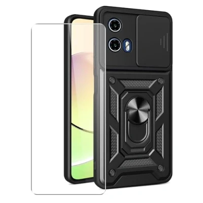 Image de SDTEK Coque pour Motorola Moto E14 Housse Téléphone D&#039;objectif D&#039;appareil Photo, Support, Bague Magnétique Protecteur écran Verre (Noir)