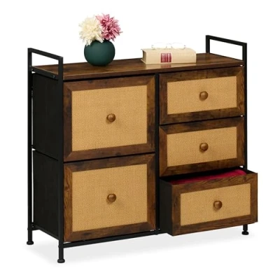 Image de Relaxdays Commode à 5 tirors, Aspect rotin, Chambre, Couloir, HLP : 77x85x31,5 cm, Meuble de Rangement, Marron/Noir