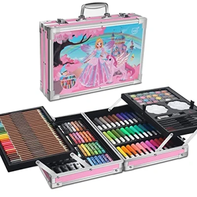 Image de MIAOKE Juego de arte 145 piezas, caja aluminio lujo y kit dibujo con lápices colores, marcadores, pinturas acuarela, crayones, HB, pincel, bloc bocetos 18 hojas …