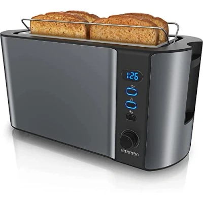Image de arendo Grille Pain 2 Larges Fentes 4 tranches écran Digital Automatique 3en1 1500W 6 Niveaux réglable décongélation réchauffe viennoiseries Plateau à miettes Toaster Cool Grey