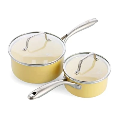 Image de GreenLife Artizan Set de Casseroles 14cm/1L &amp; 18cm/2L en Antiadhésive Céramique Saine, Sans PFAS, Poignée Acier Inoxydable, Convient avec l&#039;induction, Va au Lave Vaisselle Four, Jaune