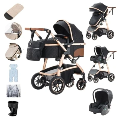 Image de Zkiprm Poussette 3 en 1 de Ville Avec Siège D&#039;auto Poussettes et Landaus Compacte Portative Accoudoirs réglables Protection contre les chocs Cadre Aluminium