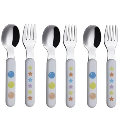 Image de Exzact couverts pour enfants 6pcs en inox 18/10 3 x fourchettes, cuillères poignée plastique, ustensiles tout petits étoiles et points (S6FS)