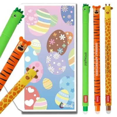 Image de Legami Lot de 3 stylos effaçables avec jolie enveloppe Motif girafe, dinosaure, tigre