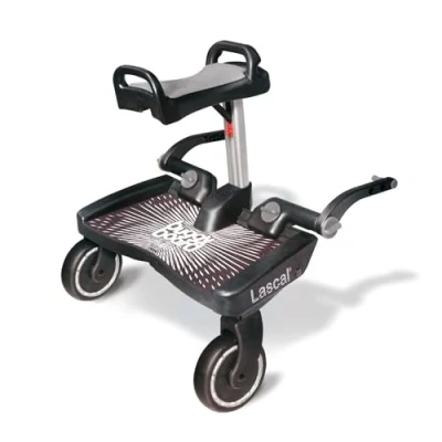 Image de Lascal BuggyBoard Maxi+, Planche avec assise &amp; grande plateforme, Accessoire pour enfants de 2 6 ans (22 kg), Compatible toutes les poussettes, Gris/Noir