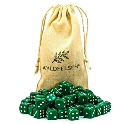 Image de Waldfelsen Lot de 6, 12, 20, 30 ou 50 dés haute qualité taille standard 16 mm en acrylique Cube jeu Dice 6 côtés à six Accessoires avec sac tissu (vert, pièces)