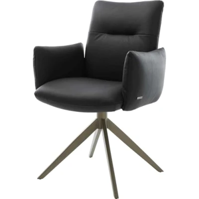 Image de Chaise pivotante Jova Flex avec accoudoirs cuir de vache noir pied croisé large aspect titane pivotement sur 360 fonction bascule ressorts ensachés