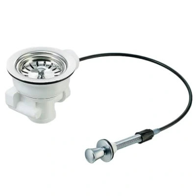 Image de Vanne universelle à tamis avec commande tirette vidage vers le bas 2 raccords de trop plein (1&quot;) ø 114 mm