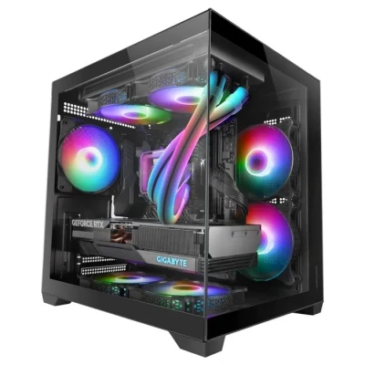 Image de MARS Gaming MC VIEW2, Boîtier MicroATX, Double Verre Trempé Continu sans Cadre, 1x Ventilateur FRGB Arrière 120mm, Support Refroidissement Liquide Jusqu’à 240mm, Structure Chambre, Noir