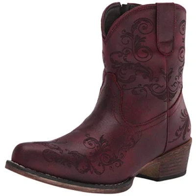 Image de Roper Bottes courtes pour femme Tige à fermeture éclair de 17,8 cm Bottines tendance bout ciselé Semelle extérieure flexible en TPR intérieure rembourrée, Rouge, 43 EU