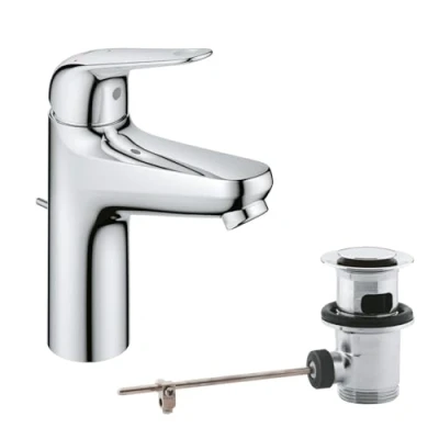 Image de GROHE Swift Mitigeur Monocommande Lavabo, Economie d&#039;Eau, Ouverture Eau Froide, Taille M, Tirette et Vidage, Installation Facile, Chromé, 24328001
