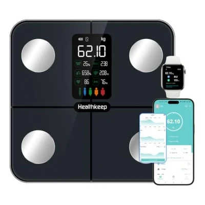 Image de Healthkeep Balance Pèse Personne Connectée Impédancemètre avec Affichage VA 15 Données Corporelles et Fréquence Cardiaque pour APP Andriod iOS Max. 180kg/400lb, Bleu
