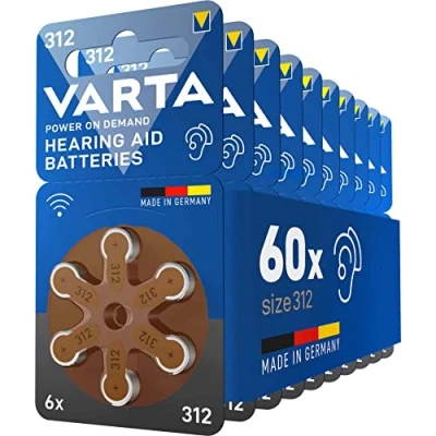 Image de VARTA Piles auditives type 312, brun, lot de 60, Power on Demand batteries pour Amplificateur Appareil Auditif, Aide Auditive, Made in Germany [Exclusif sur Amazon]