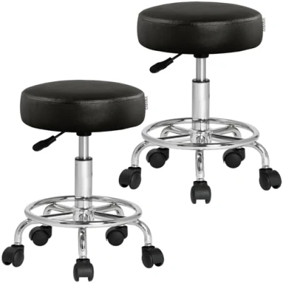 Image de Casaria Tabouret à roulettes Set de 2 réglable en Hauteur 51 65 cm Rembourrage 10 pivotable 360 C Repose Pieds Bureau Noir