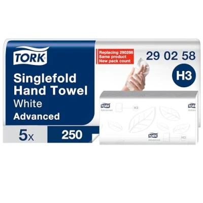 Image de Tork essuie mains pliés en V Advanced, H3, grand, indéchirable, 2 plis, blanc, Advanced qualité, 1250 mains, 290258