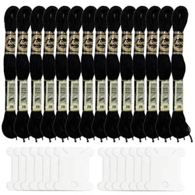 Image de 14 Pièces Fils de Broderie Noirs avec bobines Soie, Fil à Broder Point Croix Couture en Coton Coudre pour Tricot, Projets