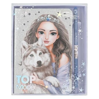 Image de Depesche 13176 TOPModel Wolf Carnet de Notes argenté et Bleu Scintillant, avec Motif Loup, étoiles 160 Pages, Crayon Inclus, Multicolor, Taille Unique