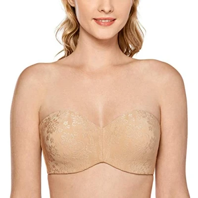 Image de DELIMIRA Soutien Gorge sans Bretelles Grande Taille avec Armature Invisible Minimiseur Bandeau Non Rembourré Taupe Beige 105D