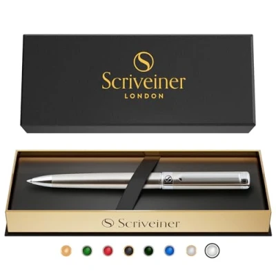 Image de Scriveiner stylo Bille en acier Inoxydable Superbe de luxe avec finition inoxydable, recharge noire Schmidt, meilleur coffret cadeau pour homme et femme, professionnel, direction