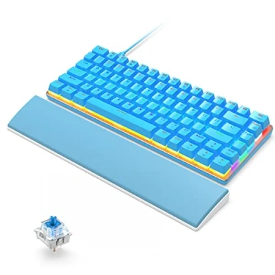 Image de Clavier Gamer Mecanique avec Repose Poignet, QWERTY Filaire USB 82 Touches Compact Blue Switch Rétroéclairage Arc en Ciel Anti Ghosting Main Confortable Mousse à Mémoire, Bleu
