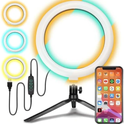Image de Retoo Anneau Lumineux à Selfie avec trépied de 14 cm pour téléphone Portable télécommande et 3 Couleurs réglables 7 W LED USB Rechargeable 10 Niveaux luminosité Le Maquillage