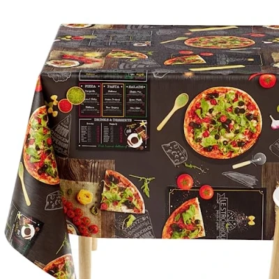 Image de KP HOME Nappe Toile Cirée Rectangulaire 140x250 PVC Motif Tableau Noir avec Délicieuses Pizzas 250x140 Style Bistro Plastique Lavable Imperméable Essuyable Exterieur 2m