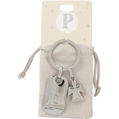 Image de Depesche 11800 019 Porte clés argenté avec Lettre P et Ange Gardien, Alliage de Zinc, Pochette en Velours Couleur Incluse, Multicolored, Taille Unique