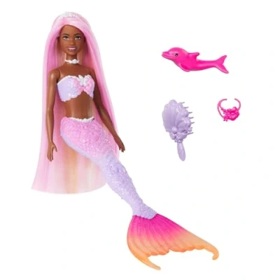 Image de Barbie Sirène « Brooklyn » Poupée avec cheveux roses, accessoires de coiffure, animal compagnie dauphin et fonction changement couleur activée par l’eau, HRP98