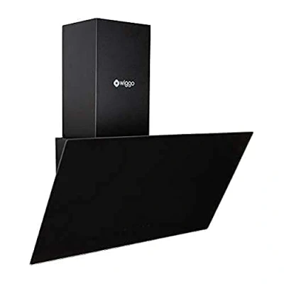 Image de Wiggo Hotte aspirante 60 cm sans tête I évacuation d&#039;air recirculation 300 m3/h Écran tactile LED 3 niveaux inclinée avec filtre à graisse &amp; 2 filtres charbon façade en verre noir