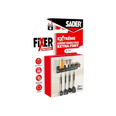 Image de Sader Fixer Sans Percer Extrême Adhésif Double Face Extra Fort Intérieur Surfaces multiples Supporte jusqu&#039;à 10 KG Coloris: blanc 2m x 19mm