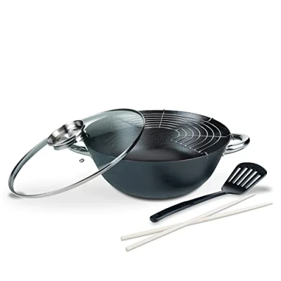 Image de GSW 860956 Professionnel Fonte Pot Multifonction/Wok avec Couvercle en Verre 5 pièces/6,2 L, Noir, 32 cm unités