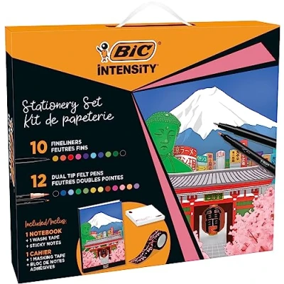 Image de BIC Intensity Kit de Papeterie thème Japonais avec Feutres à Pointe Fine, Double Pointe, Rouleau Adhésif, Notes Adhésives, Carnet Couleurs assorties, Set 25 pièces