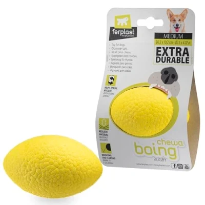 Image de Ferplast Jouet Chien, en Matériau Durable, Non Toxique, Résistante aux Morsures, pour l&#039;Hygiene Dentaire, Rebondissant et Flottant, CHEWA Boing Rugby Balle, Jouets Chien Moyenne Taille, Jaune